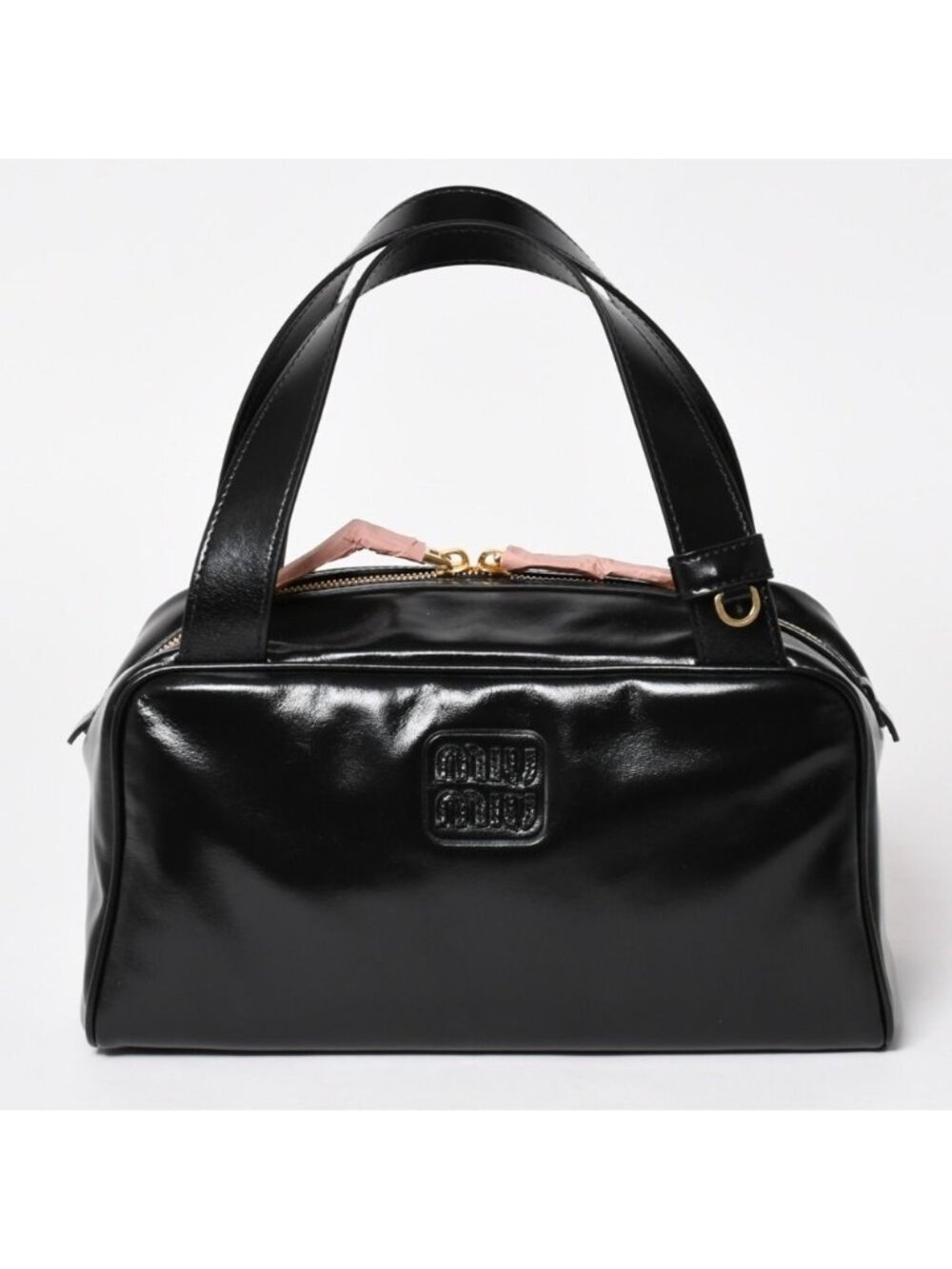Miu Miu Leather Top Handle Bag Handbag Shiny Calfskin Black Gold